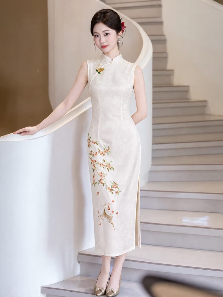 Beth and Brian Qipao-LSB Luna Beige Deer & Osmanthus Embroidery Midi Cheongsam
