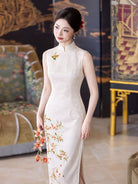 Beth and Brian Qipao-LSB Luna Beige Deer & Osmanthus Embroidery Midi Cheongsam