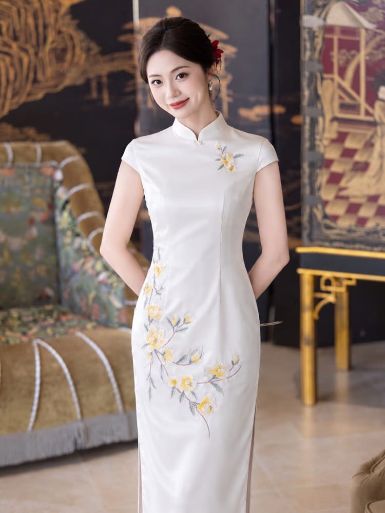 Beth and Brian Qipao-LSB Chloe Satin Floral Embroidery Midi Cheongsam