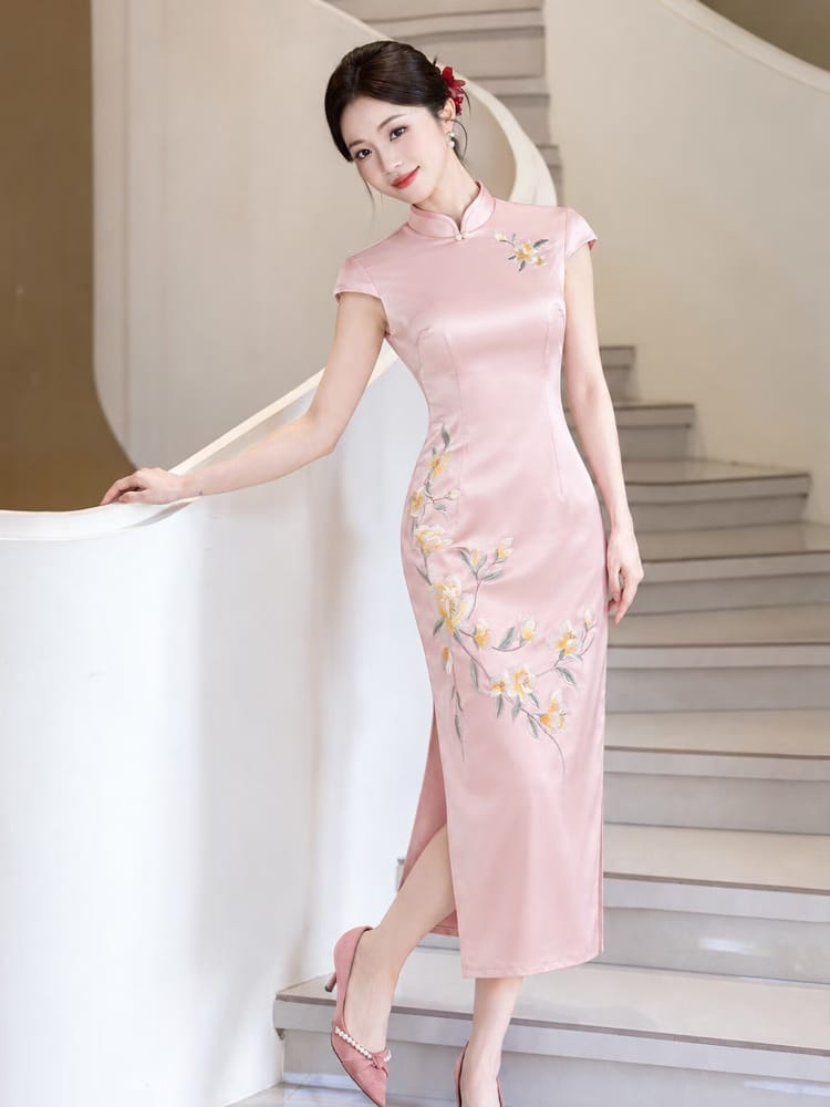 Beth and Brian Qipao-LSB Chloe Satin Floral Embroidery Midi Cheongsam