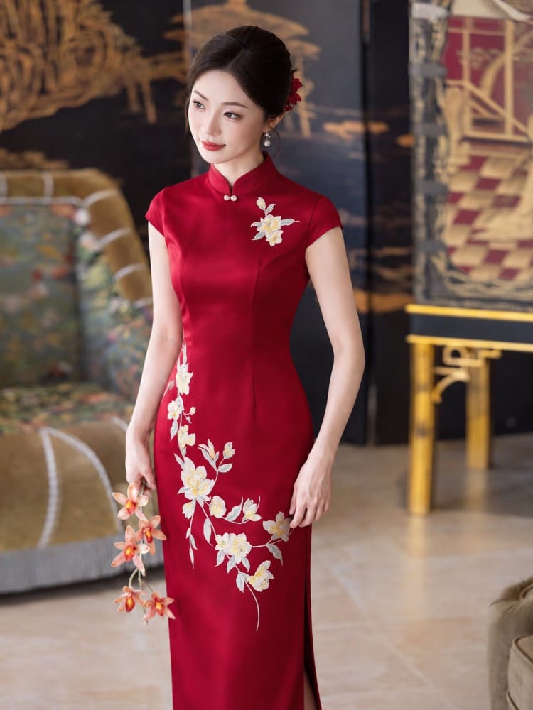 Beth and Brian Qipao-LSB Chloe Satin Floral Embroidery Midi Cheongsam