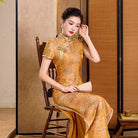 Beth and Brian Qipao-QCYJ Margaret Golden Landscape Plus Size Cheongsam With Short Sleeves