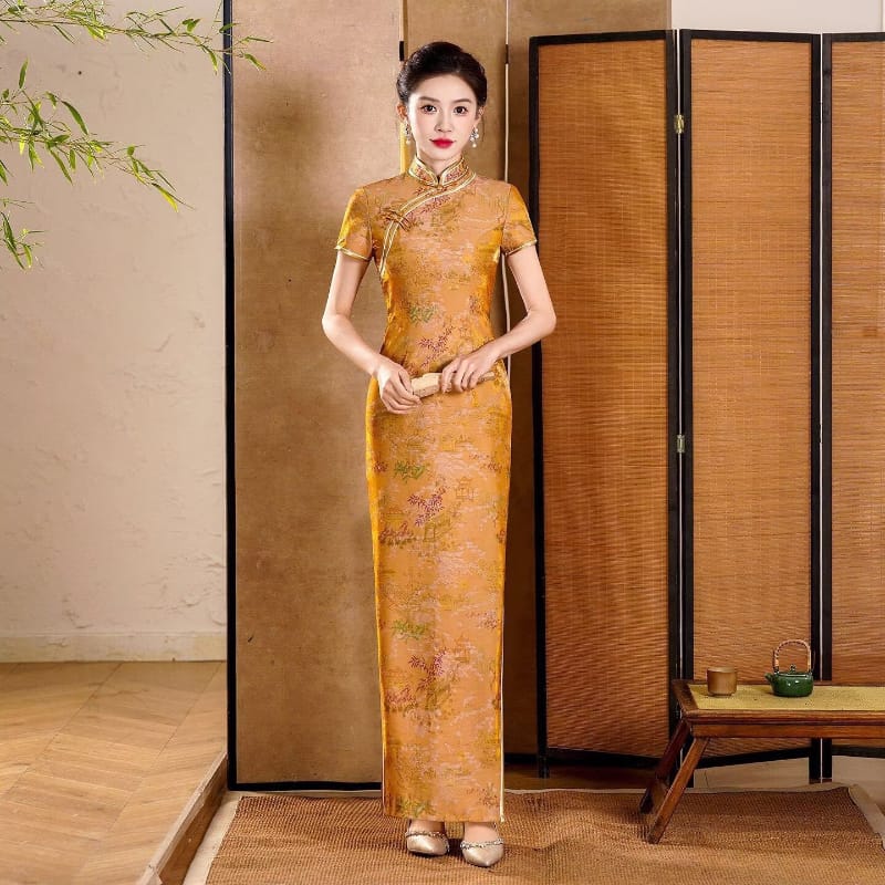 Beth and Brian Qipao-QCYJ Margaret Golden Landscape Plus Size Cheongsam With Short Sleeves