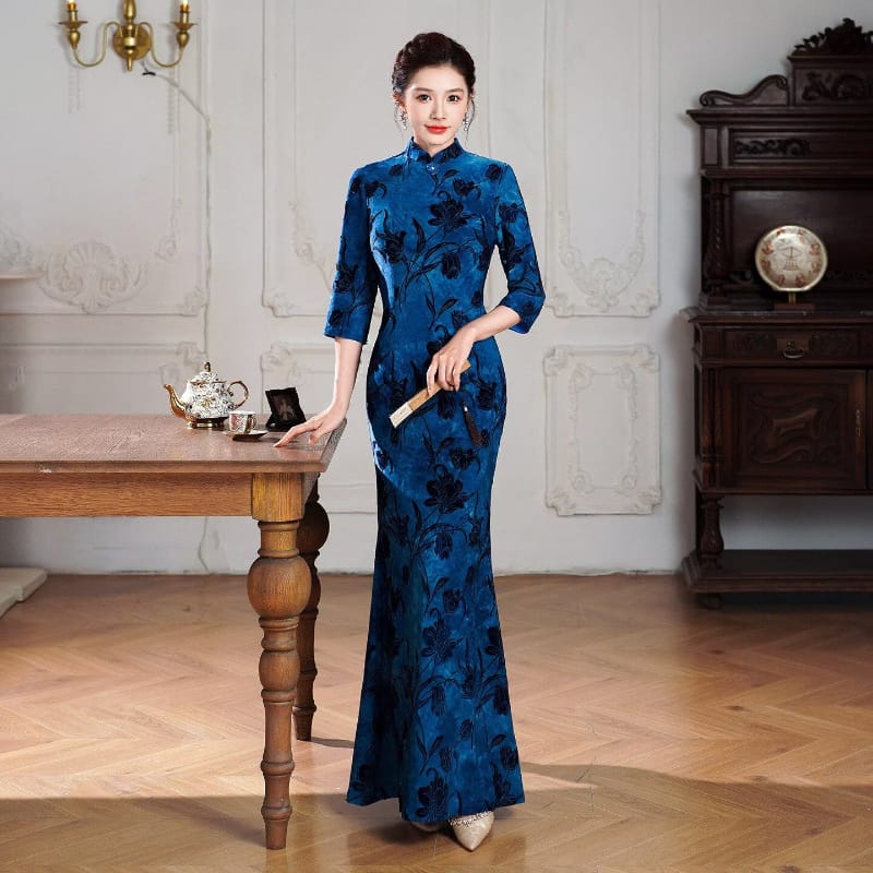 Beth and Brian Qipao-QCYJ Shirley Flocking Floral Mermaid Plus Size Cheongsam