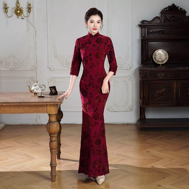 Beth and Brian Qipao-QCYJ Shirley Flocking Floral Mermaid Plus Size Cheongsam