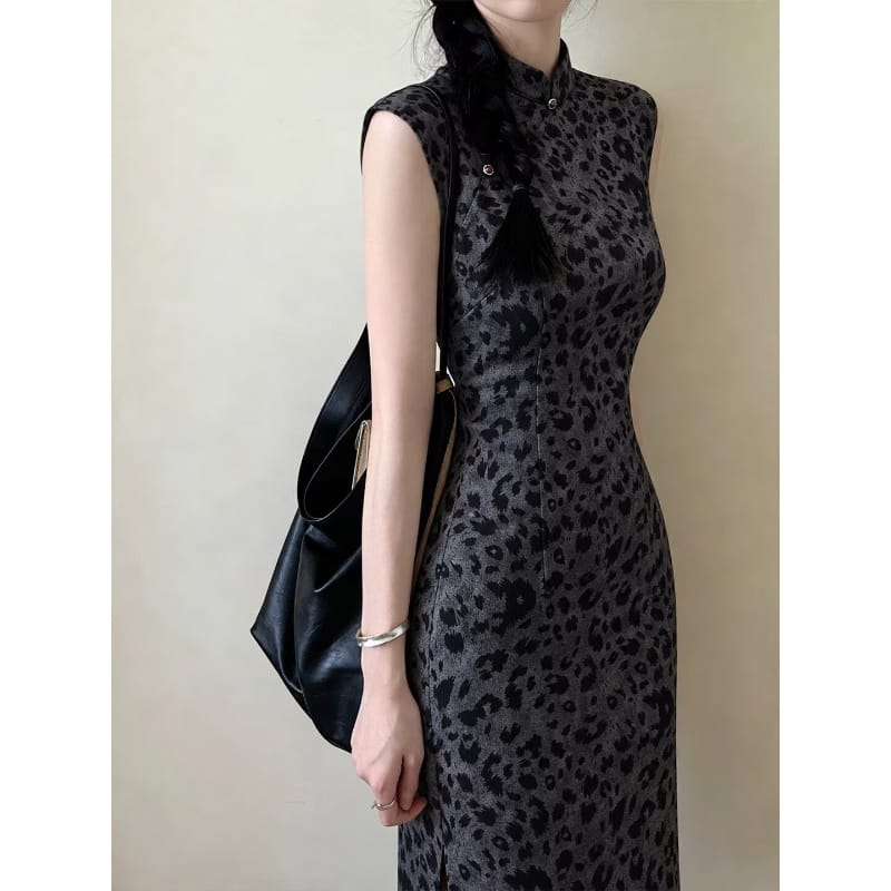 Beth and Brian Qipao-LSB Chloe Grey Leopard Suede Sleeveless Cheongsam