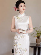 Beth and Brian Qipao-LSB Stella White Jacquard Satin Butterfly Floral Sleeveless Cheongsam
