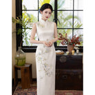 Beth and Brian Qipao-LSB Stella White Jacquard Satin Butterfly Floral Sleeveless Cheongsam
