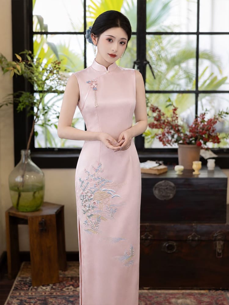 Beth and Brian Qipao-LSB Hazel Pink Landscape Embroidery Sleeveless Cheongsam