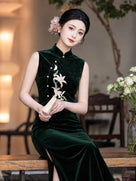Beth and Brian Qipao-LSB Vivian Velvet Lily Embroidery Sleeveless Cheongsam