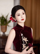 Beth and Brian Qipao-LSB Vivian Velvet Lily Embroidery Sleeveless Cheongsam