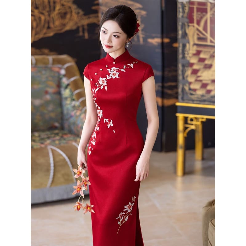 Beth and Brian Qipao-LSB Ruby Red Floral Embroidery Midi Cheongsam