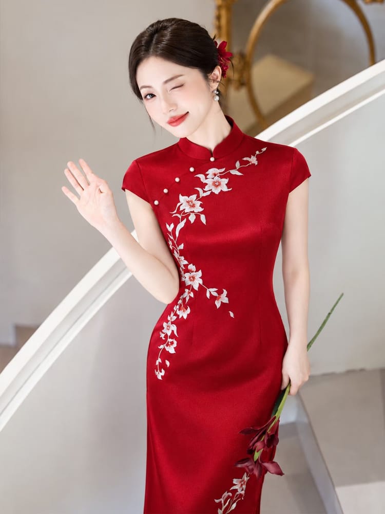 Beth and Brian Qipao-LSB Ruby Red Floral Embroidery Midi Cheongsam