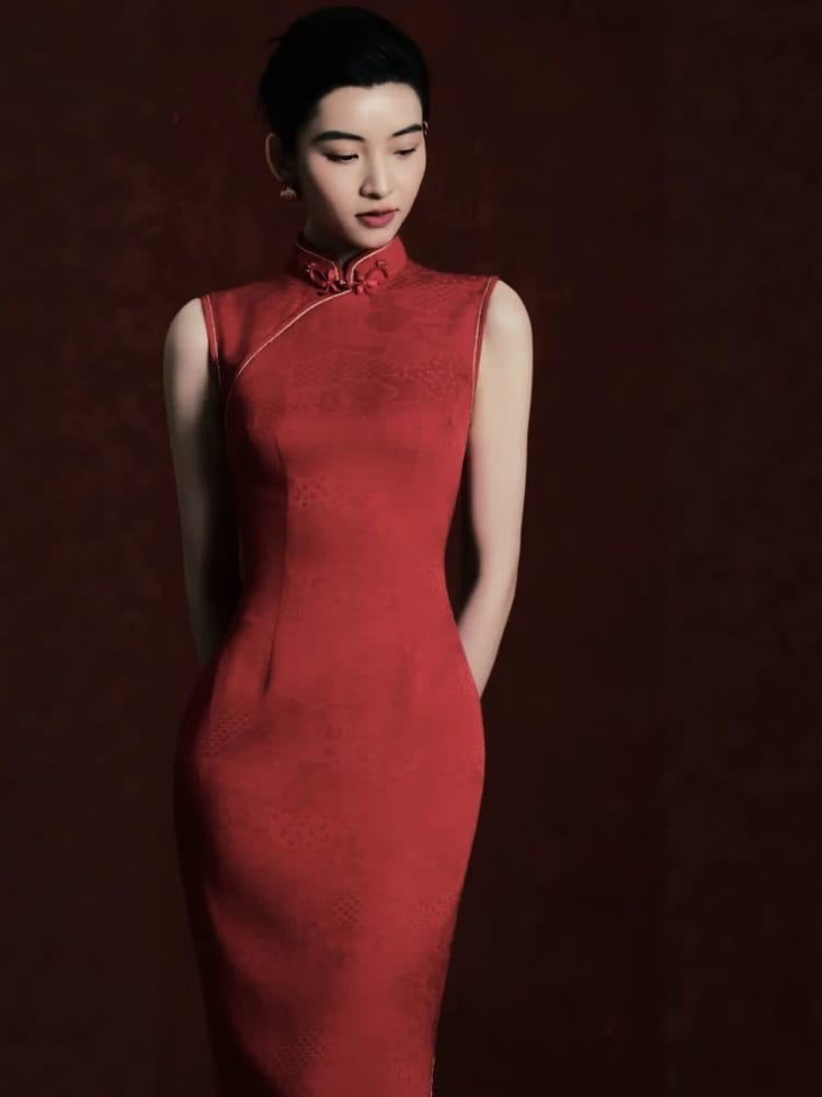 Beth and Brian Qipao-MY Jacquard Vest & Sleeveless Long Cheongsam Set – Bespoke Bridal Qipao