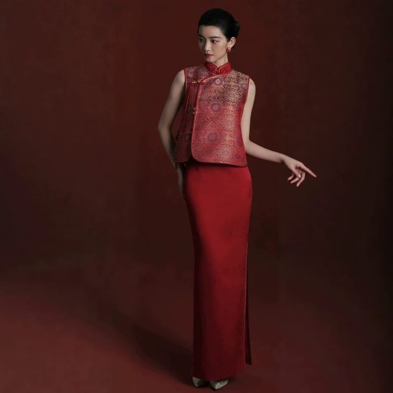 Beth and Brian Qipao-MY Jacquard Vest & Sleeveless Long Cheongsam Set – Bespoke Bridal Qipao
