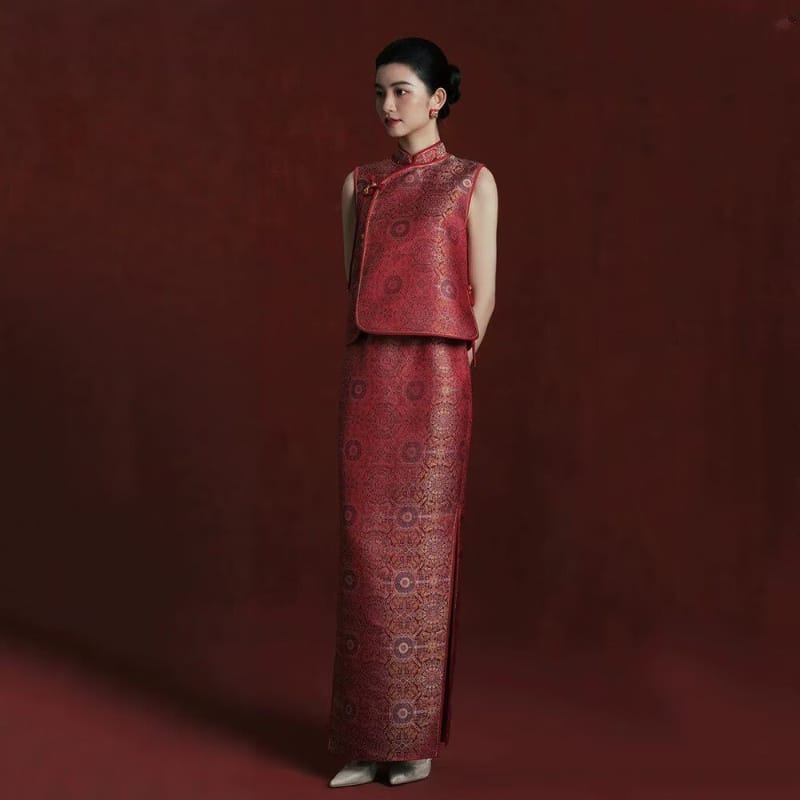 Beth and Brian Qipao-MY Jacquard Vest & Sleeveless Long Cheongsam Set – Bespoke Bridal Qipao
