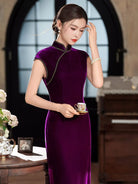 Beth and Brian Qipao-XLY Violet Purple Velvet Long Cheongsam With Raglan Sleeves