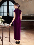 Beth and Brian Qipao-XLY Violet Purple Velvet Long Cheongsam With Raglan Sleeves
