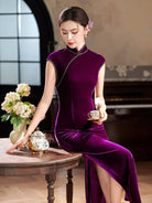 Beth and Brian Qipao-XLY Violet Purple Velvet Long Cheongsam With Raglan Sleeves