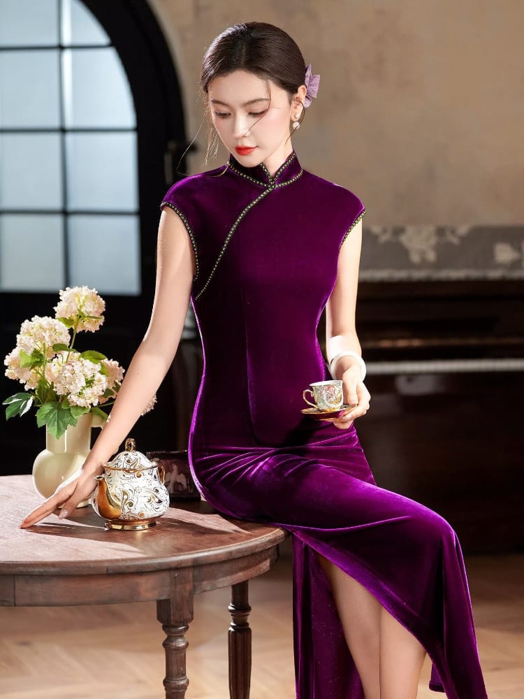 Beth and Brian Qipao-XLY Violet Purple Velvet Long Cheongsam With Raglan Sleeves