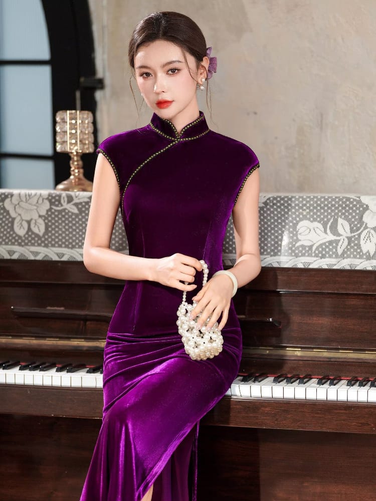 Beth and Brian Qipao-XLY Violet Purple Velvet Long Cheongsam With Raglan Sleeves