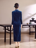 Beth and Brian Qipao-XLY Iris Navy Velvet Crackle Texture Cheongsam