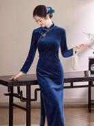 Beth and Brian Qipao-XLY Iris Navy Velvet Crackle Texture Cheongsam