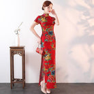 Beth and Brian Qipao-QCYJ Ruby Red Bold Floral Plus Size Cheongsam With Short Sleeves