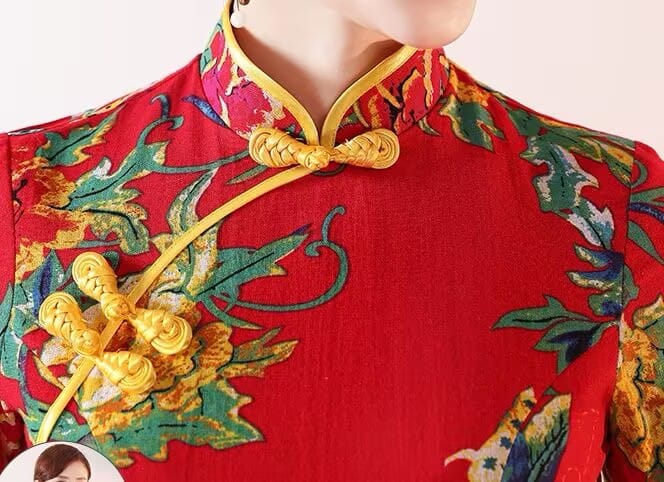 Beth and Brian Qipao-QCYJ Ruby Red Bold Floral Plus Size Cheongsam With Short Sleeves