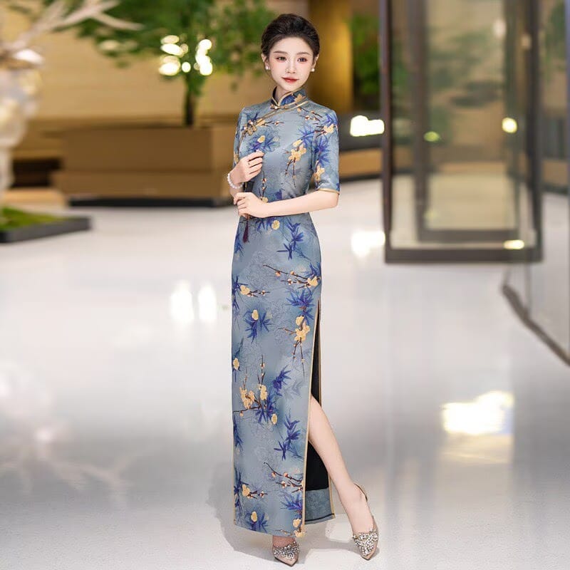 Beth and Brian Qipao-QCYJ Plum Blossom Pattern, Blue Plus Size Long Cheongsam