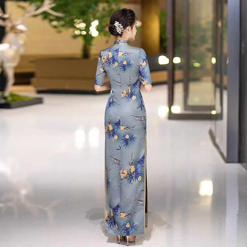 Beth and Brian Qipao-QCYJ Plum Blossom Pattern, Blue Plus Size Long Cheongsam