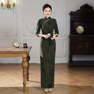 Beth and Brian Qipao-QCYJ Mabel Dark Green Flocking Floral Plus Size Cheongsam