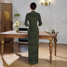 Beth and Brian Qipao-QCYJ Mabel Dark Green Flocking Floral Plus Size Cheongsam