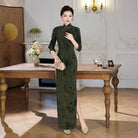 Beth and Brian Qipao-QCYJ Mabel Dark Green Flocking Floral Plus Size Cheongsam