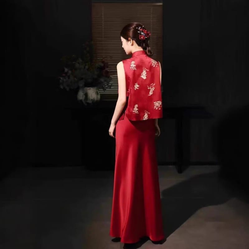 Beth and Brian Qipao-MY Chloe Red Satin 2-Piece Cheongsam Set, Embroidered Vest & Long Skirt