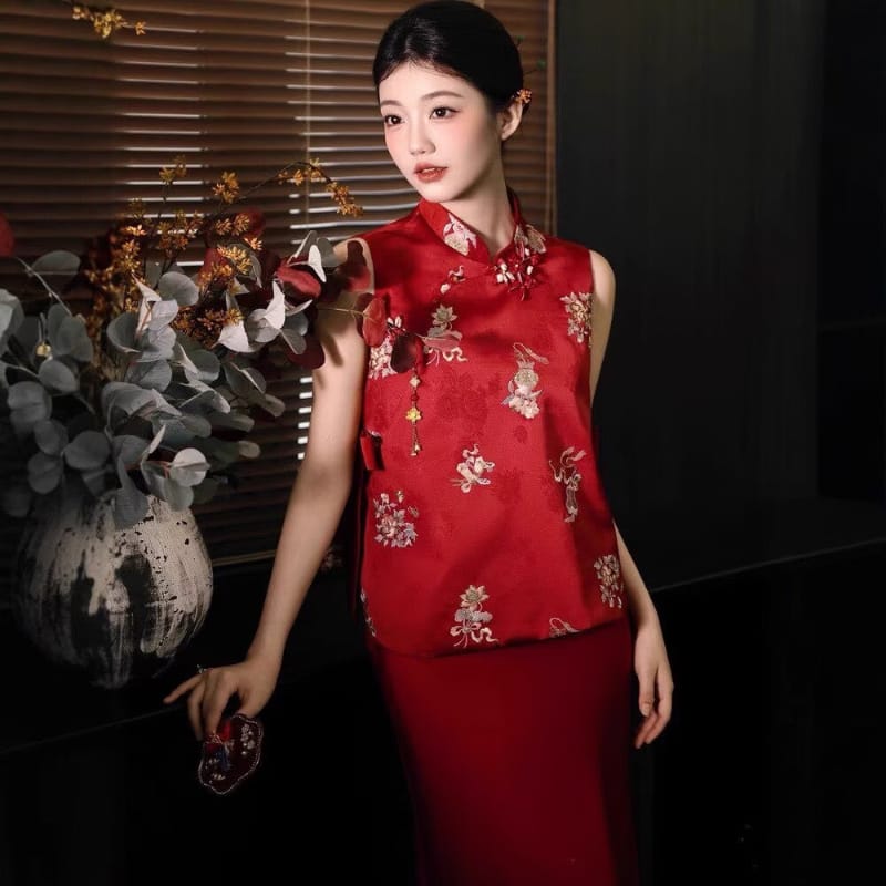 Beth and Brian Qipao-MY Chloe Red Satin 2-Piece Cheongsam Set, Embroidered Vest & Long Skirt