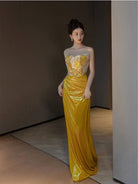 Beth and Brian Qipao-MY Luna Gold Strapless Sequins Mermaid Evening Gown