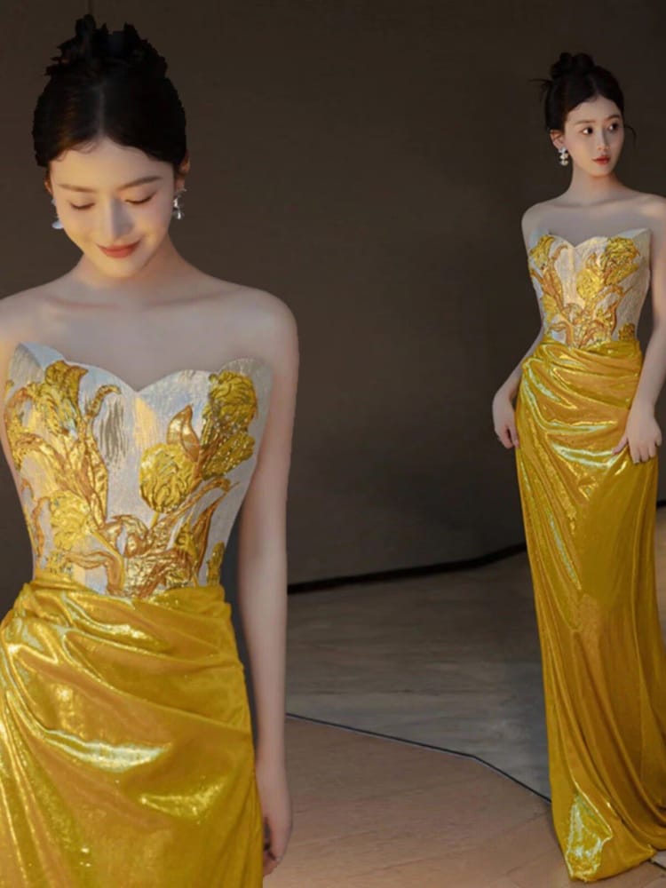 Beth and Brian Qipao-MY Luna Gold Strapless Sequins Mermaid Evening Gown
