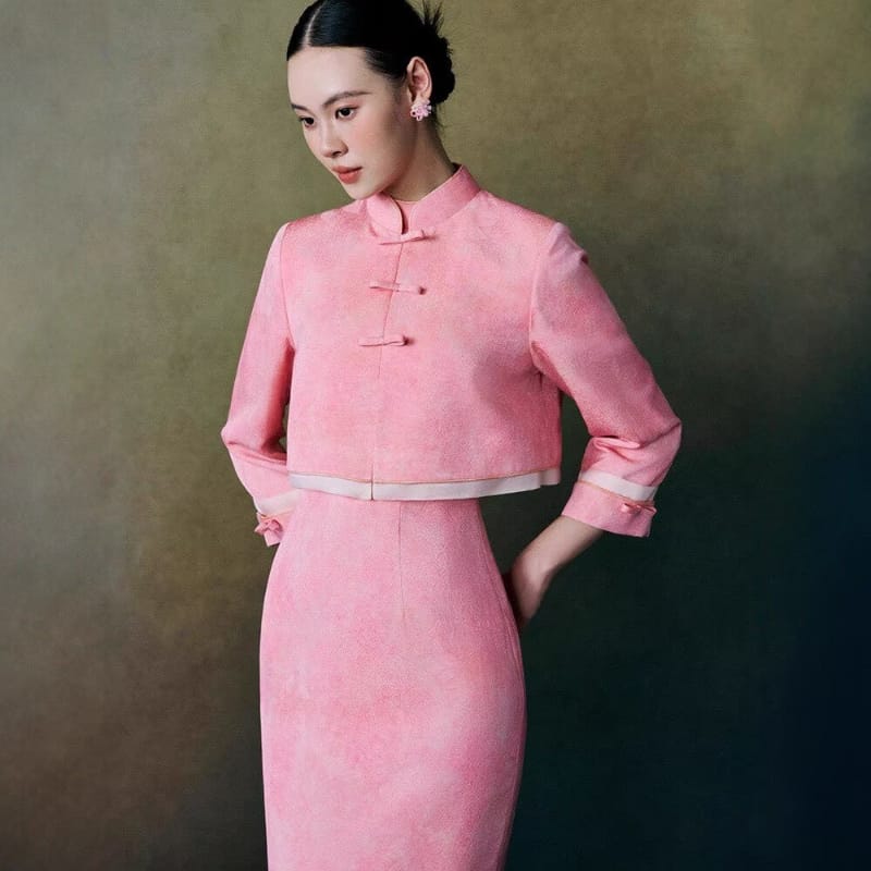 Beth and Brian Qipao-MY Hazel Pink Two Styles 2-Piece Cheongsam Set, Vest & Long Sleeve Jacket Options