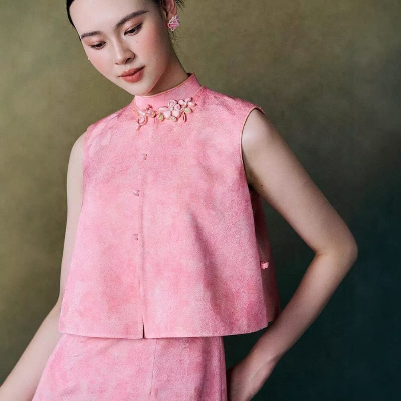 Beth and Brian Qipao-MY Hazel Pink Two Styles 2-Piece Cheongsam Set, Vest & Long Sleeve Jacket Options