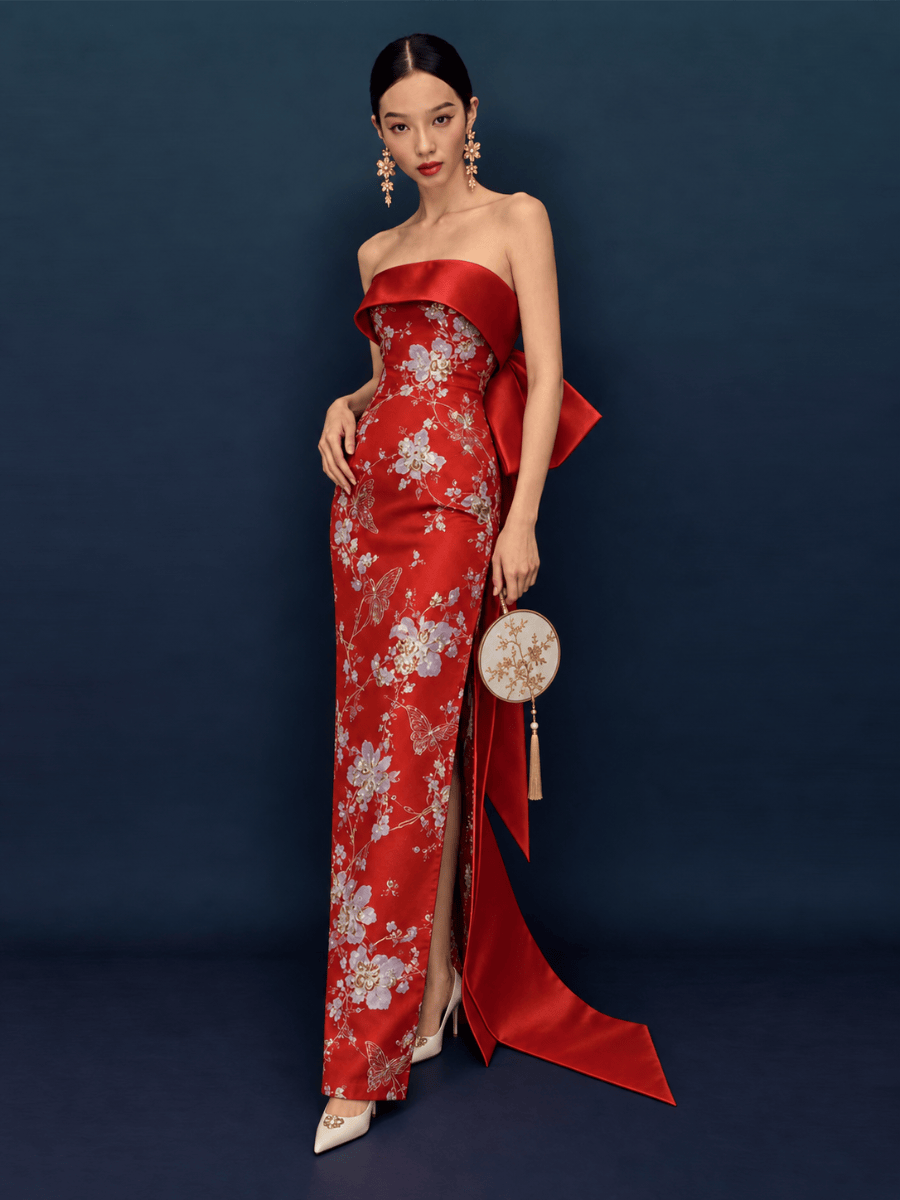 Beth and Brian Qipao-QHM 新中式 Tube Top Long Cheongsam| Modern Chinese Style Satin Qipao