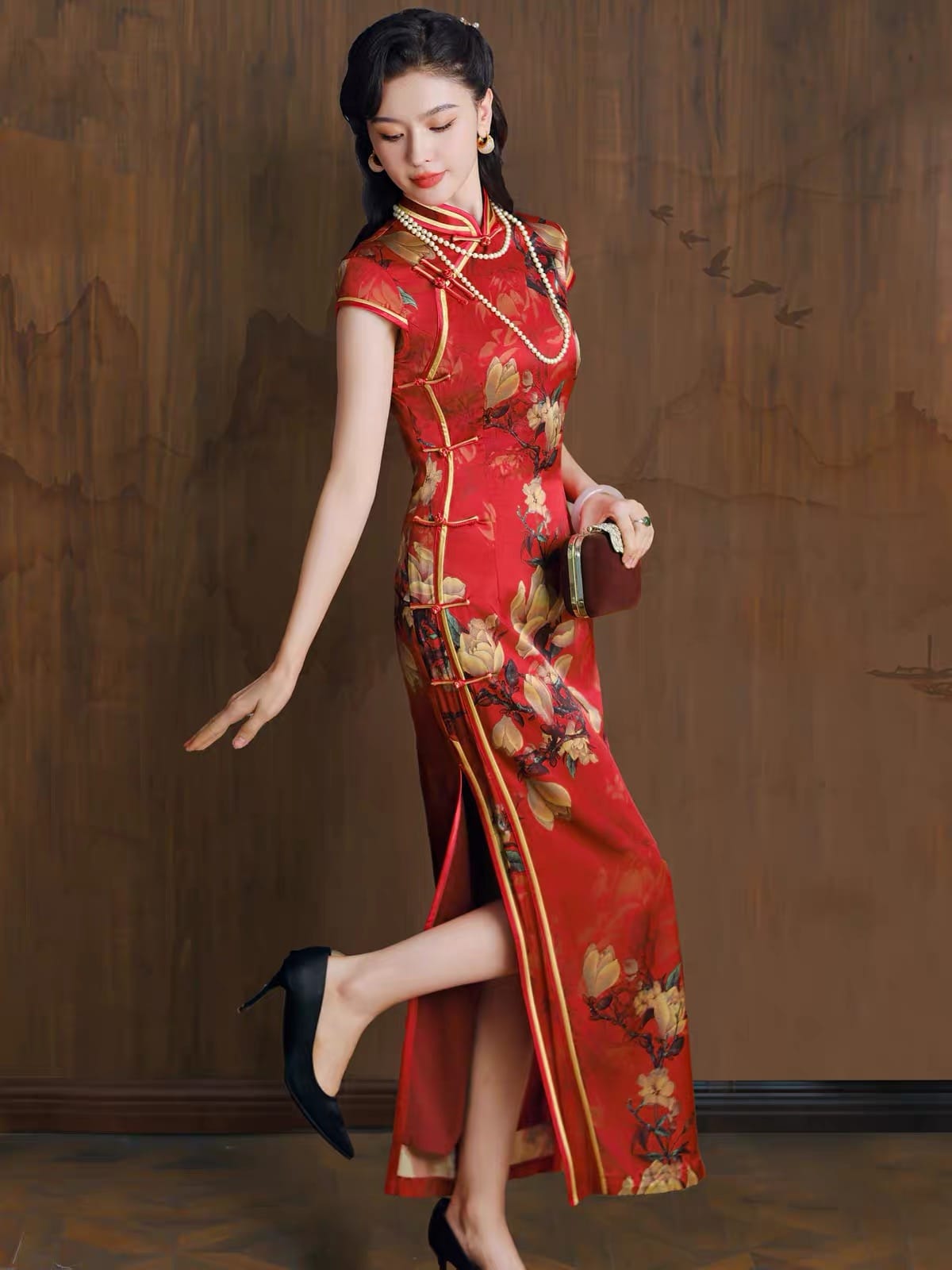 Beth and Brian Qipao-TL Magnolia flower，premium 19 mome mulberry silk long Qipao for Tea Ceremonies