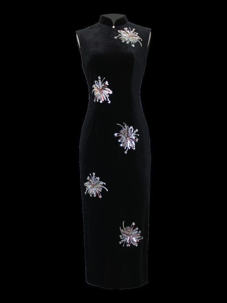 Beth and Brian Qipao-TX Clara Black Velvet Firework Embroidery Midi Cheongsam