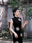 Beth and Brian Qipao-TX Clara Black Velvet Firework Embroidery Midi Cheongsam