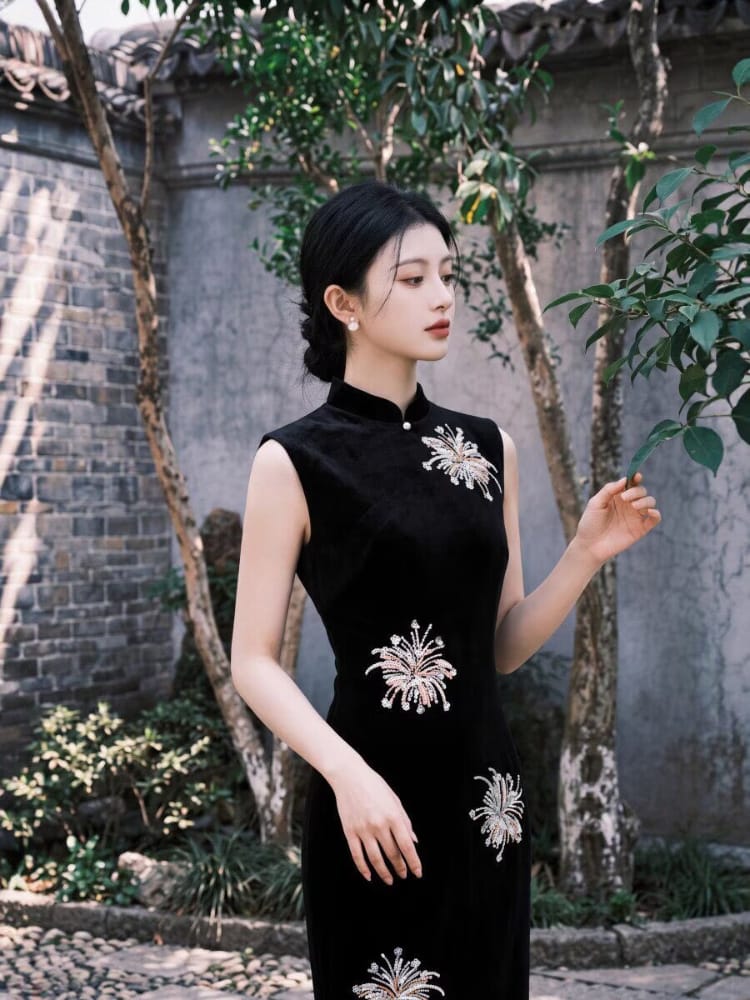 Beth and Brian Qipao-TX Clara Black Velvet Firework Embroidery Midi Cheongsam