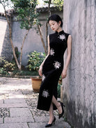 Beth and Brian Qipao-TX Clara Black Velvet Firework Embroidery Midi Cheongsam