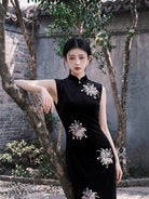Beth and Brian Qipao-TX Clara Black Velvet Firework Embroidery Midi Cheongsam