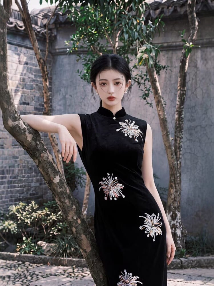 Beth and Brian Qipao-TX Clara Black Velvet Firework Embroidery Midi Cheongsam