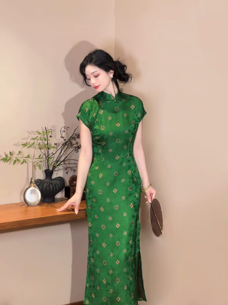 Beth and Brian Qipao-LSB Hazel Viscose Qipao, Green Geometric Pattern Cheongsam