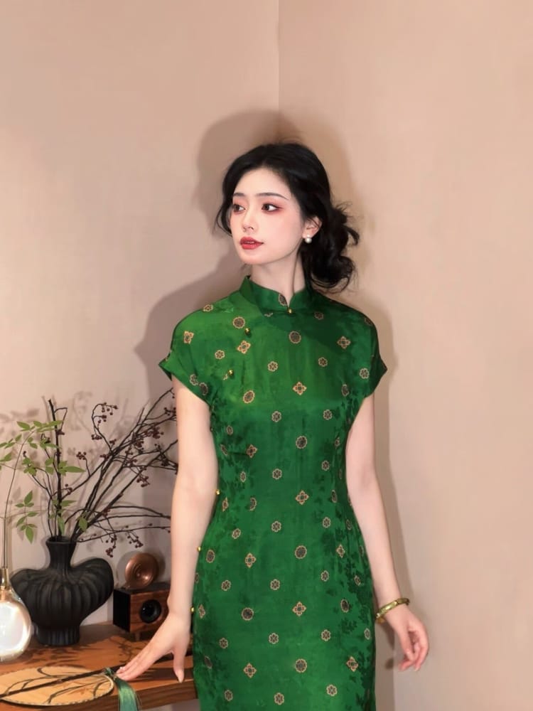 Beth and Brian Qipao-LSB Hazel Viscose Qipao, Green Geometric Pattern Cheongsam
